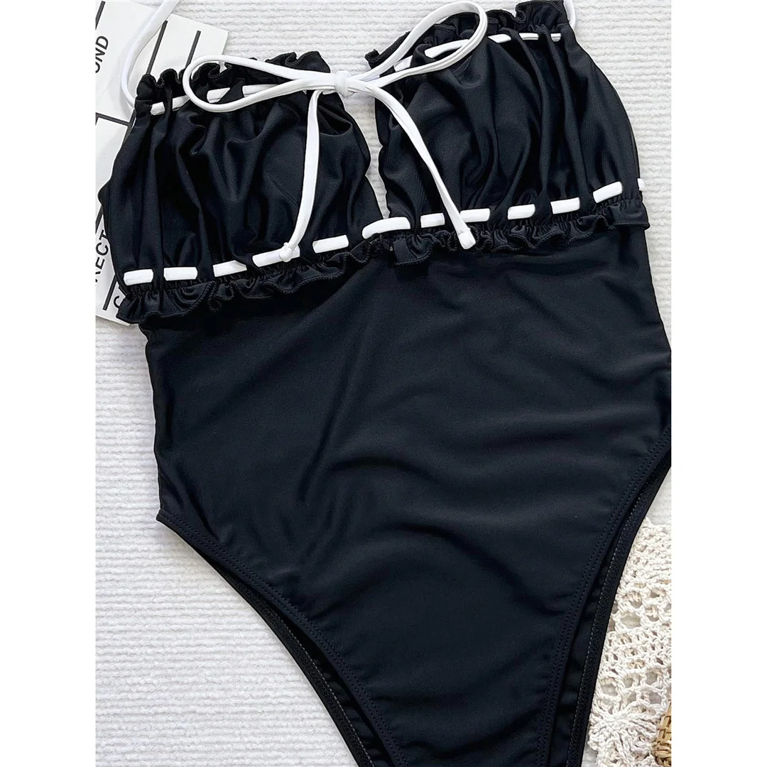 Neuer, geraffter, hoch geschnittener, gepolsterter Monokini-Badeanzug mit Schnürung und Neckholder, einteiliger Badeanzug für Damen, Badebekleidung, Badeanzug, Modell V6274. – Detail 14