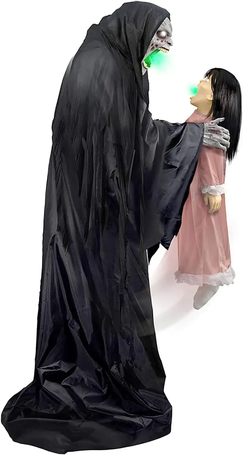 Haunted Hill Farm Soul Sucker Demon Reaper with Child by Tekky, Motion-Activated Talking Halloween Animatronic for Creepy Indoor