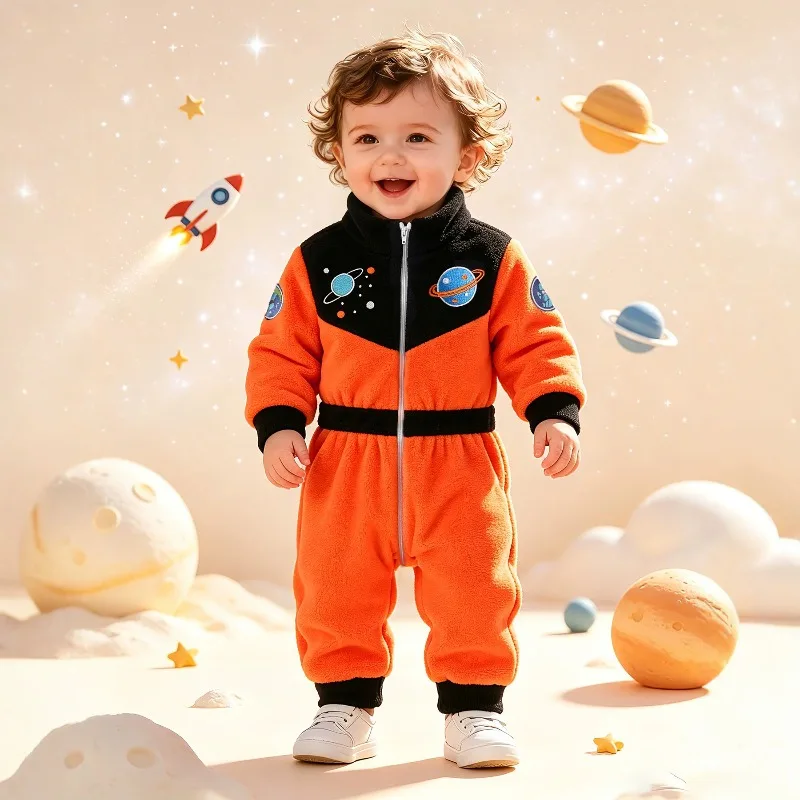 Cute Newborn Infant Baby Boys Astronaut Romper Orange Space Rocket Planets Print Fleece Zipper Jumpsuit Warm Costume 0 24M