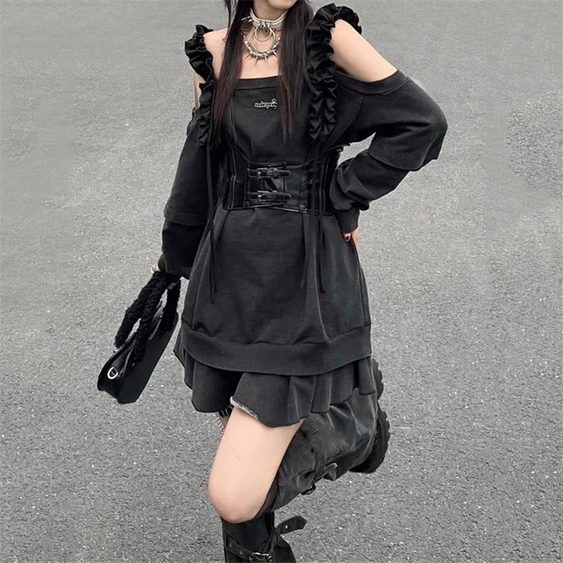 

Two Pieces Sets Harajuku Punk Loose Hoodies Dress Women Y2K Socks Grey T-shirts Vestidos Long Sleeve College Girls Dress Sets