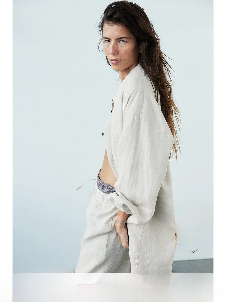 

Womens Summer Long Linen Sleepwear Washed at Home Waist Belted Home Clothes H&M 0107727 Four Seasons Universal