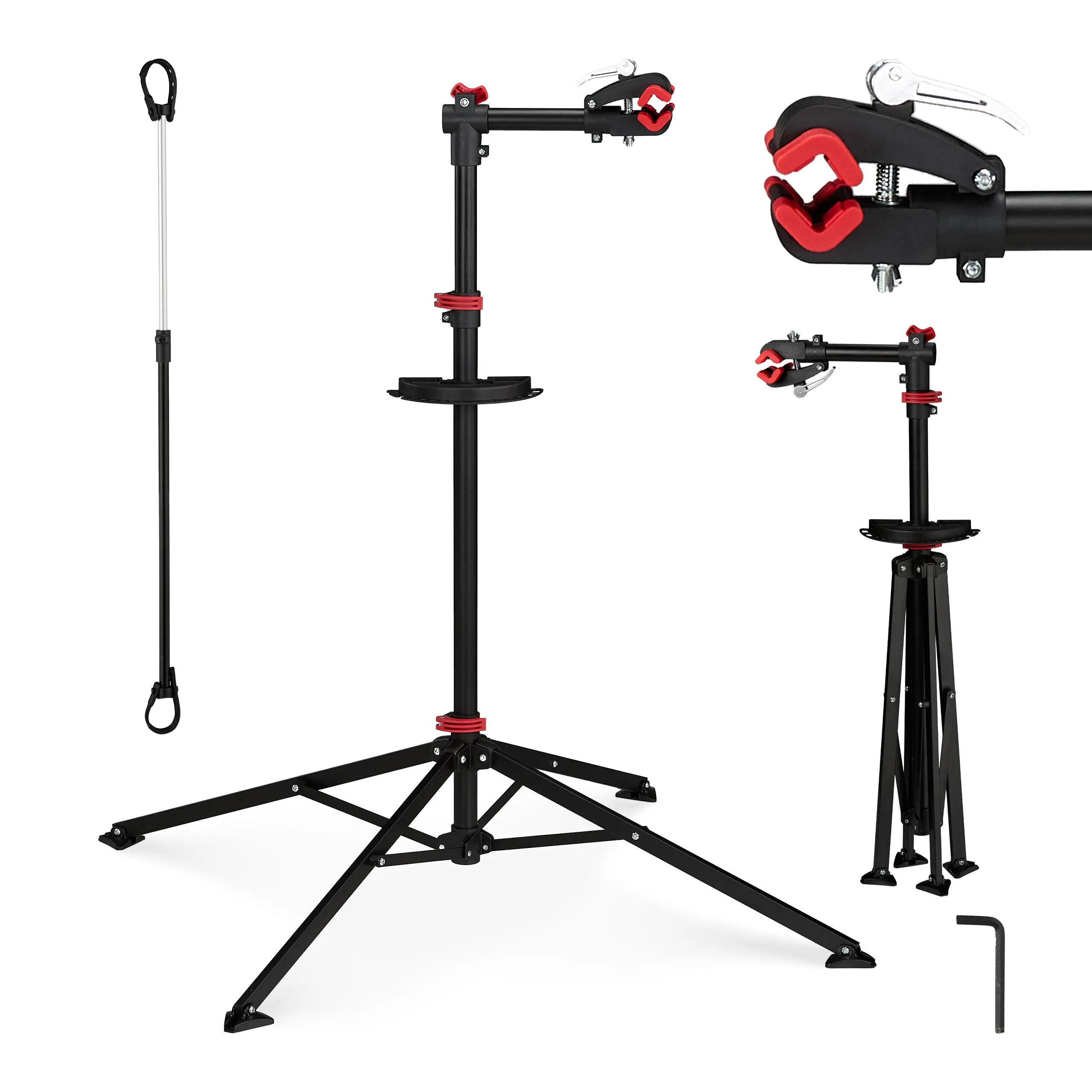 Image of Fahrradmontageständer höhenverstellbar, für Reparatur und Wartung, klappbar, bis 30 kg, mit Werkzeugablage, Metall, schwarz, Relaxdays