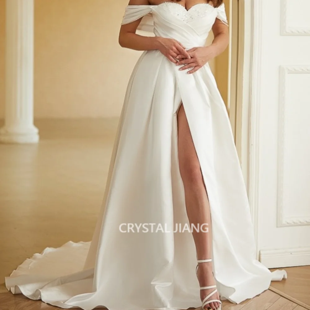 Vintage Long Off the Shoulder Satin Evening Dresses Natural Lace Up with Slit Princess Chapel Train Robe De Mariée Bridal Gowns