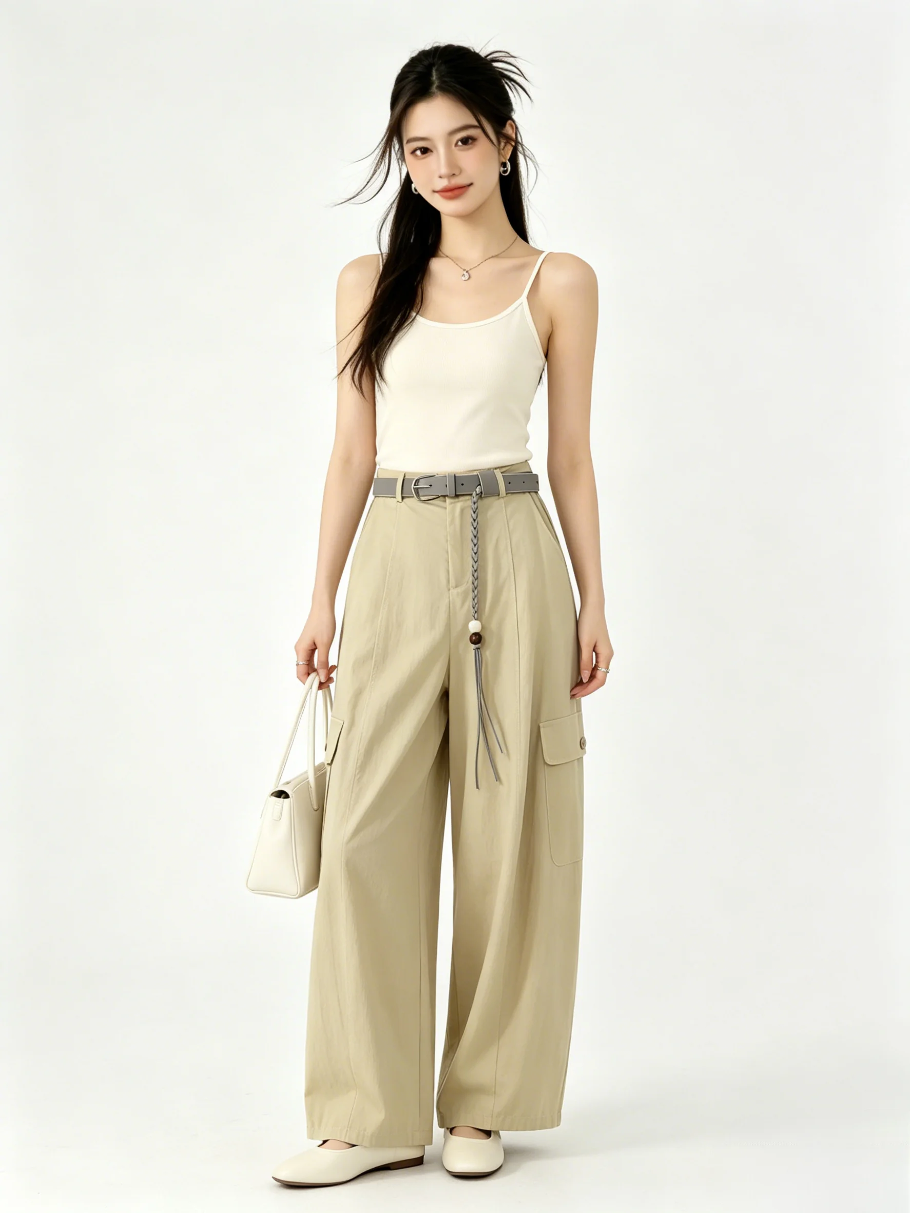 Khaki Color Simple Sporty Casual Style Wide Leg Pants Summer Drapey Multi-Purpose Korean System Workwear Trousers