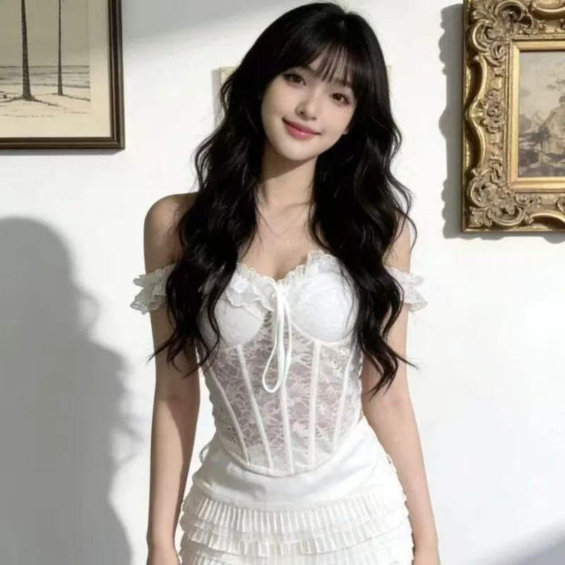 Women Boned Lace Back‑Revealing Cami Top Structured Corset‑Style Bandeau with Built‑in Bust Pad Body‑Shaping Sleeveless Blouse