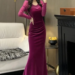 Women's New Style Light Luxury Round Neck Patchwork Long Sleeved Bag Hip Fold Fashionable Versatile Fish Tail Dress Long Skirt