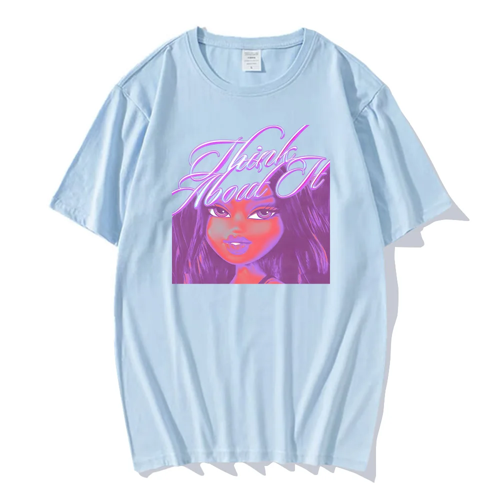 

Футболки с музыкальным принтом Bratz Think about It, очаровательные повседневные летние футболки для девочек, мужские и женские хлопковые топы высокого качества с короткими рукавами Y2K