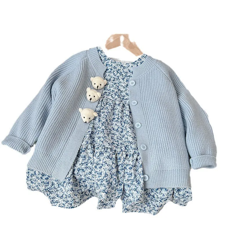 2024 Spring Autumn Kid Baby Girl 2PCS Clothes Set Cotton Floral Ruched Dress Knitted Long Sleeve Coat Suit Toddler Girls Outfits