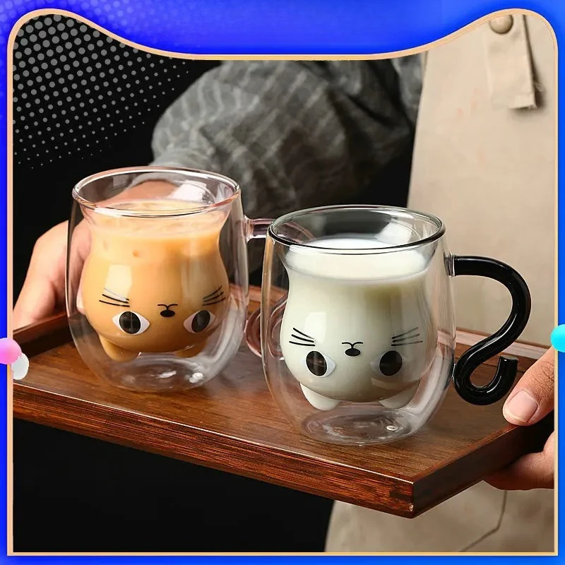 

Hot Sale Double Wall Glass Cat Mug Cute Cartoon Heatproof Insulated Coffee Cup for Milk Breakfast Gift for Kids Adults Home Use