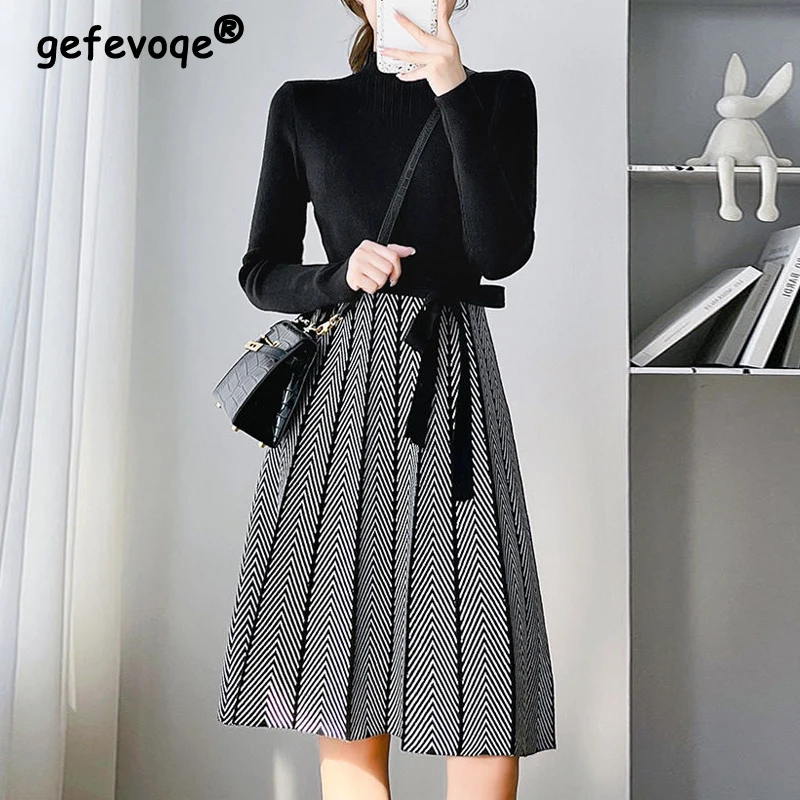 

Women Korean Fashion Lace-up Bow Elegant Knitted Sweater Dresses Half High Collar Striped Patchwork Long Sleeve Slim Midi Dress