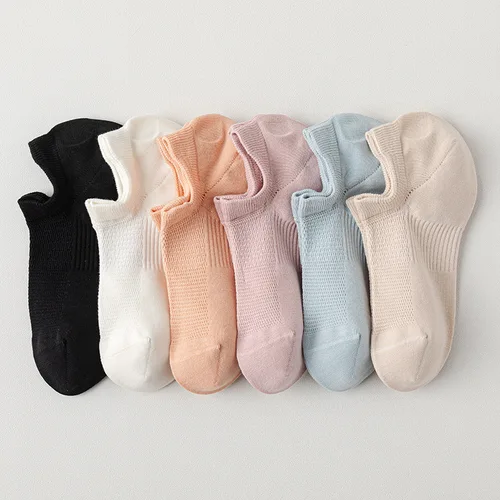 Imagen 1 del producto 6 pares de calcetines de algodón para mujer, calcetines náuticos, calcetines cortos invisibles poco profundos, costura deshuesada, antideslizantes, sin tacón, Color sólido