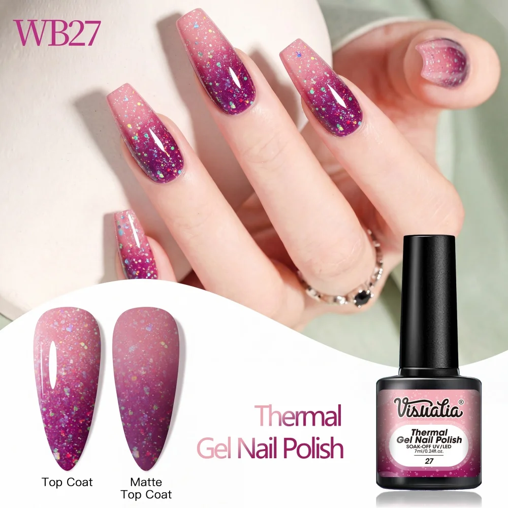 Visuatia pink and purple color-changing nail gel polish, with alternating cold and warm temperatures creating a gradient base color, and colorful glitter adding rich shine to the nail surface. The gel has a light and t