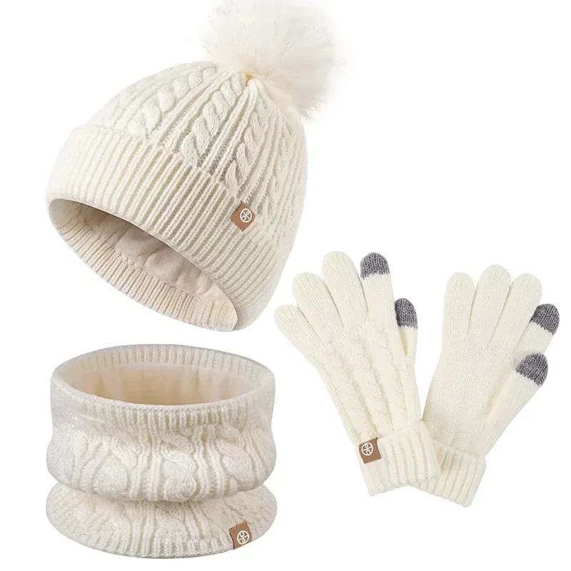 3pcs Winter Hat Set for Children Beanies Snood Gloves Kids Gilr Boy Winter Cap Thick Plush Lining Cute Pompom