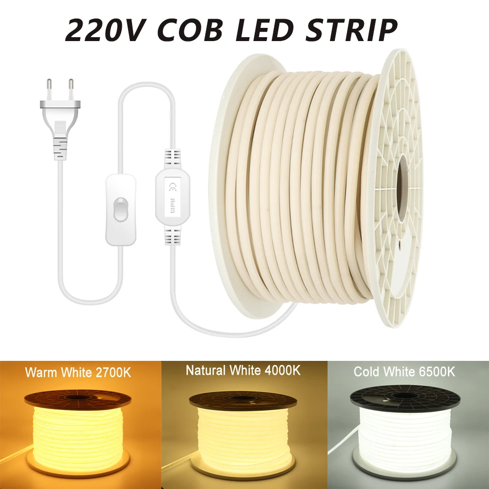 Tira de luces LED COB con enchufe europeo, cinta de luz LED COB de alto brillo, impermeable IP67, para exteriores, jardín y cocina, 220V, 20M, 50M