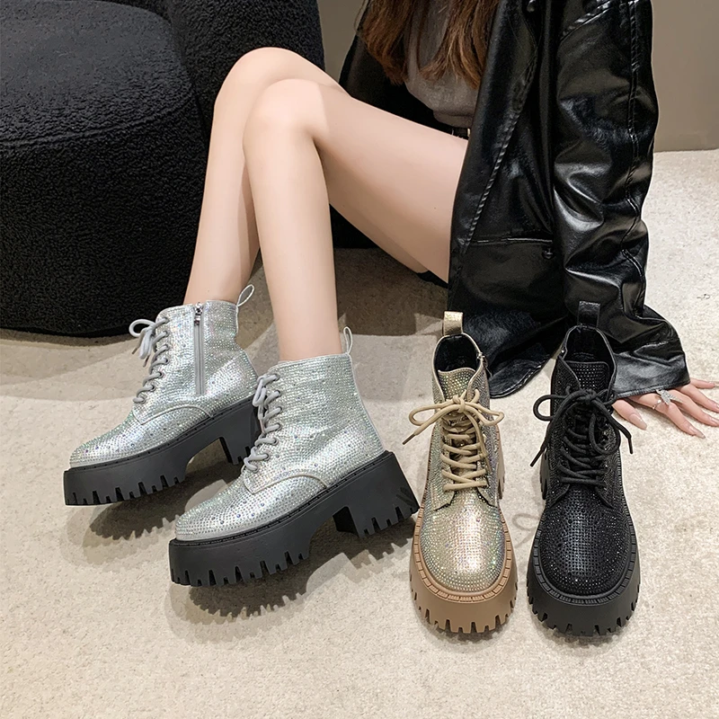 Women\'s Single Boots Autumn Winter New Thick Soled Full of Diamond Leather Shoes Comfortable Temperament Short Leg Fashion Boots