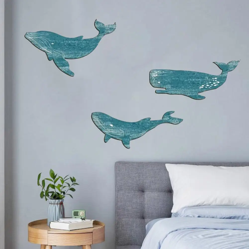 Porch Wall Hanging Decoration 3 Pcs Wooden Whale Wall Art Set Nautical Themed Home Decor Rustic Vintage Ocean Hanging for Room