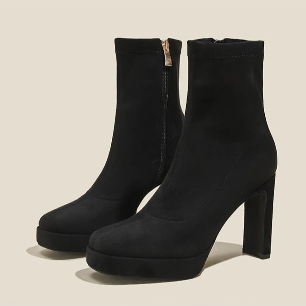 

Short Boots Women's Autumn and Winter Thick Heel Square Head High Heel Bootie Women's New Waterproof Table Suede and Bare Boots