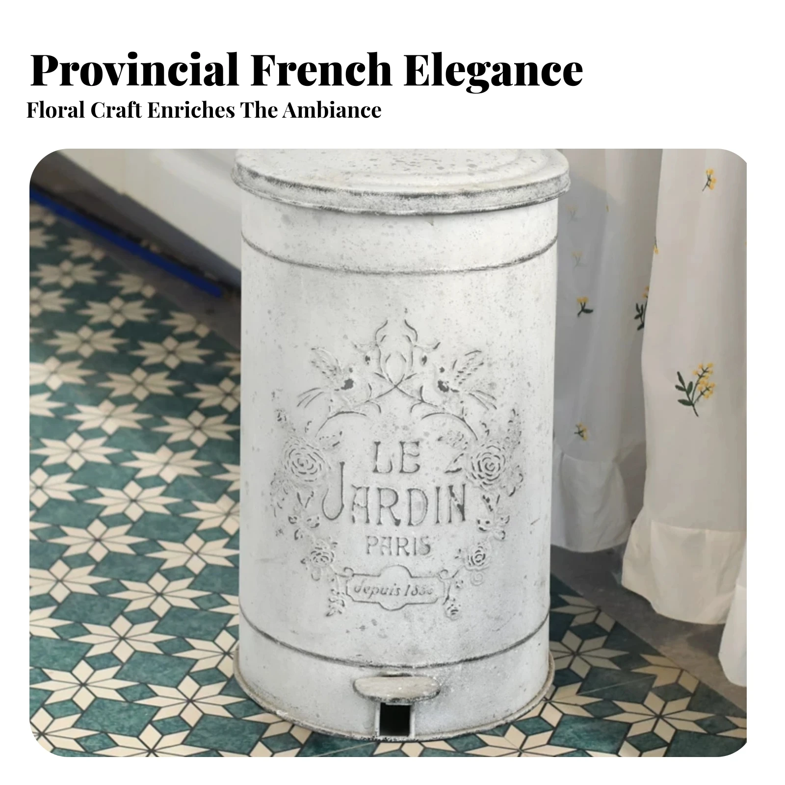 Removable Liner Metal Trash Can Garden Container Garbage Bin Vintage-Style Decorative Text Pedal Trash Can