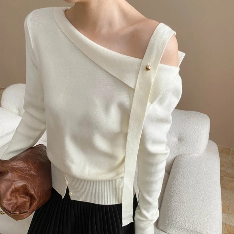 

Women Knitted Pullovers Sweaters Work Jumpers Button Side Slit Sash Tie Long Sleeves Slim Casual Office Lady 2025 Autumn Winter
