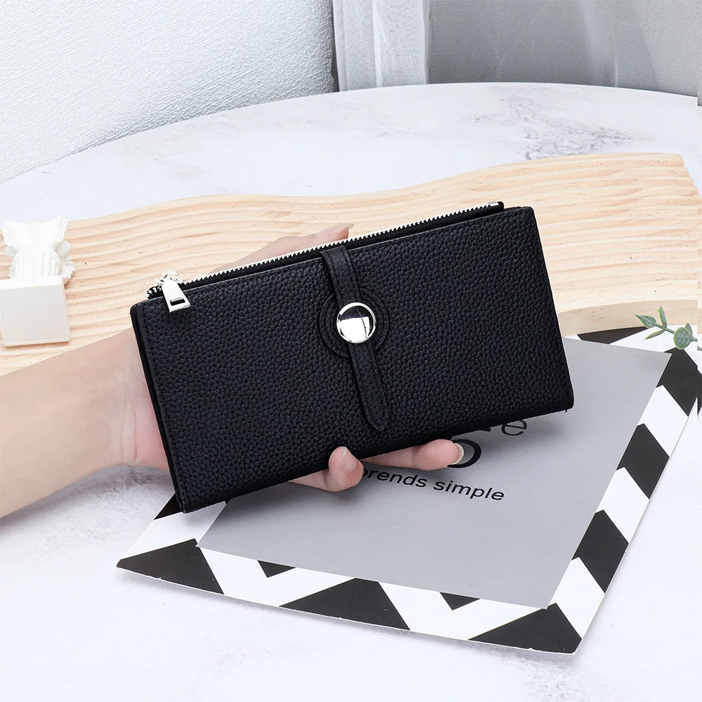 First Layer Cowhide Long Women's Wallet 2024 New Fashion Color-matching Drawstring Folding Wallet Large Capacity Multi-card Slot