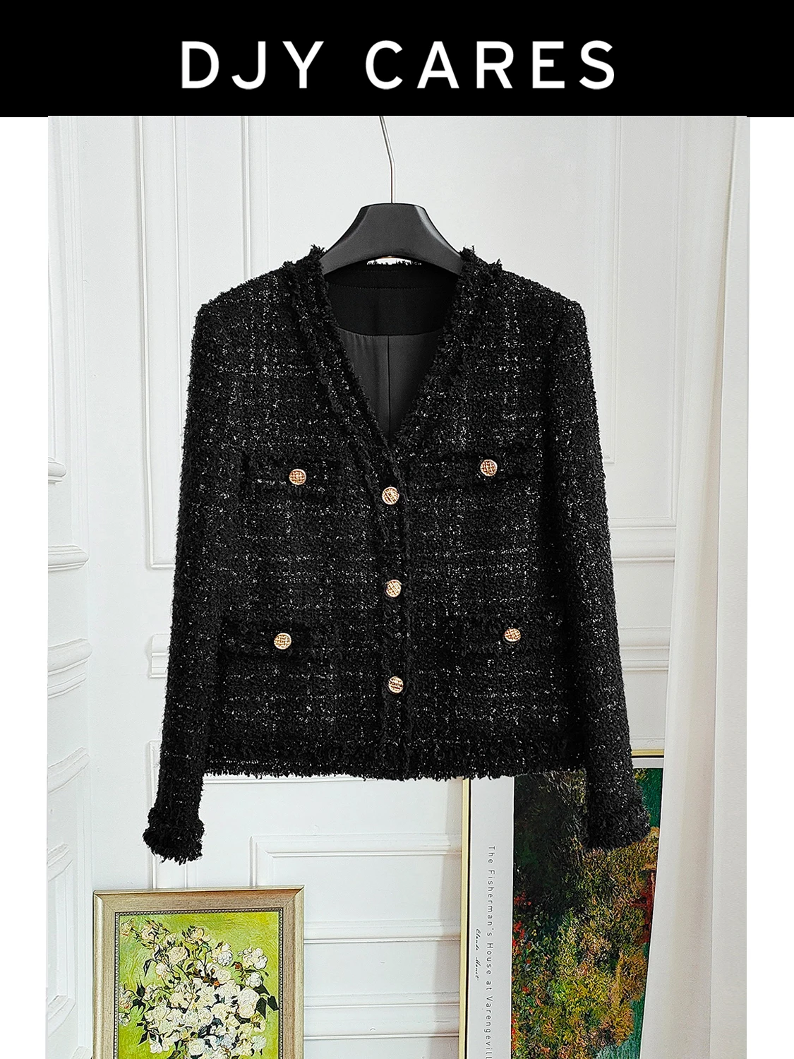 

New Coarse tweed high-end black shiny woven slimming V-neck jacket versatile top big size