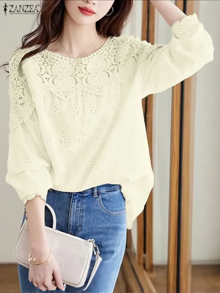 

2025 ZANZEA Women 100% Cotton Blouse Fashion Lace Shirts Autumn Long Sleeve Solid Color Hollow Out Elegant Office Lady Blusas