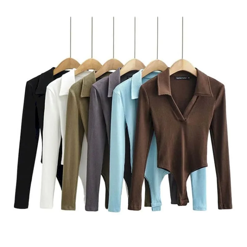 Monos femeninos, Body liso ajustado para mujer, camisetas sexis con cuello tipo Polo, ropa ajustada de manga larga de estilo americano para mujer, peleles