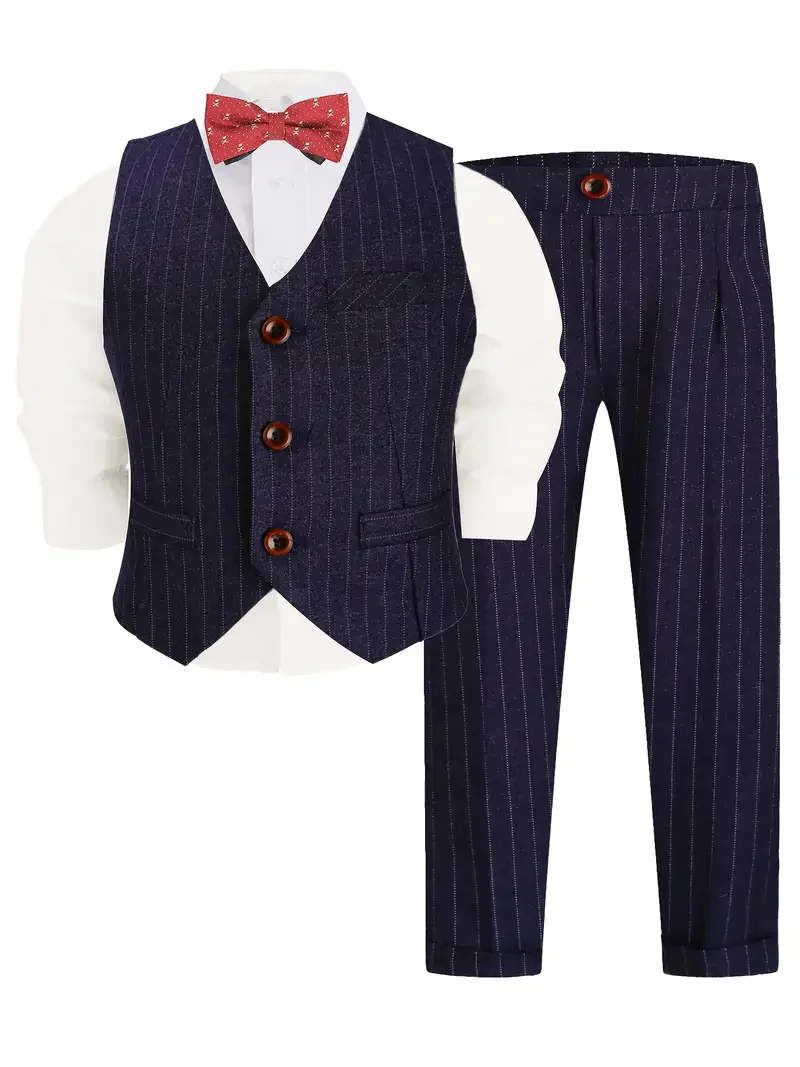 Eleganter marineblauer gestreifter formeller Anzug für Jungen, Kinderweste, Hose, Fliege, 3-teiliger Outfit-Anzug für Klavier, Gastgeber, Hochzeit, Geburtstag, Zeremonie