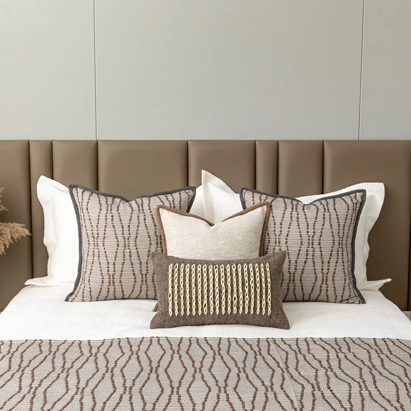 Luxury Lifestyle Boutique Lumbar Cushion Cover Curated Brown Coffee Cotton And Linen Pillowcase For Office Villa Hotel Home