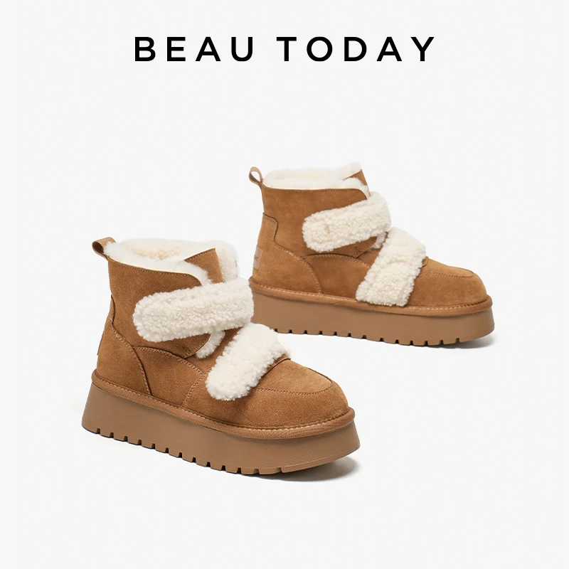 BEAUTODAY Winter Snow Boots Women Cow Suede Leather Warm Plush Thick Sole Hook Loop Anti-Slip Ladies Furry Shoes Handmade 08074