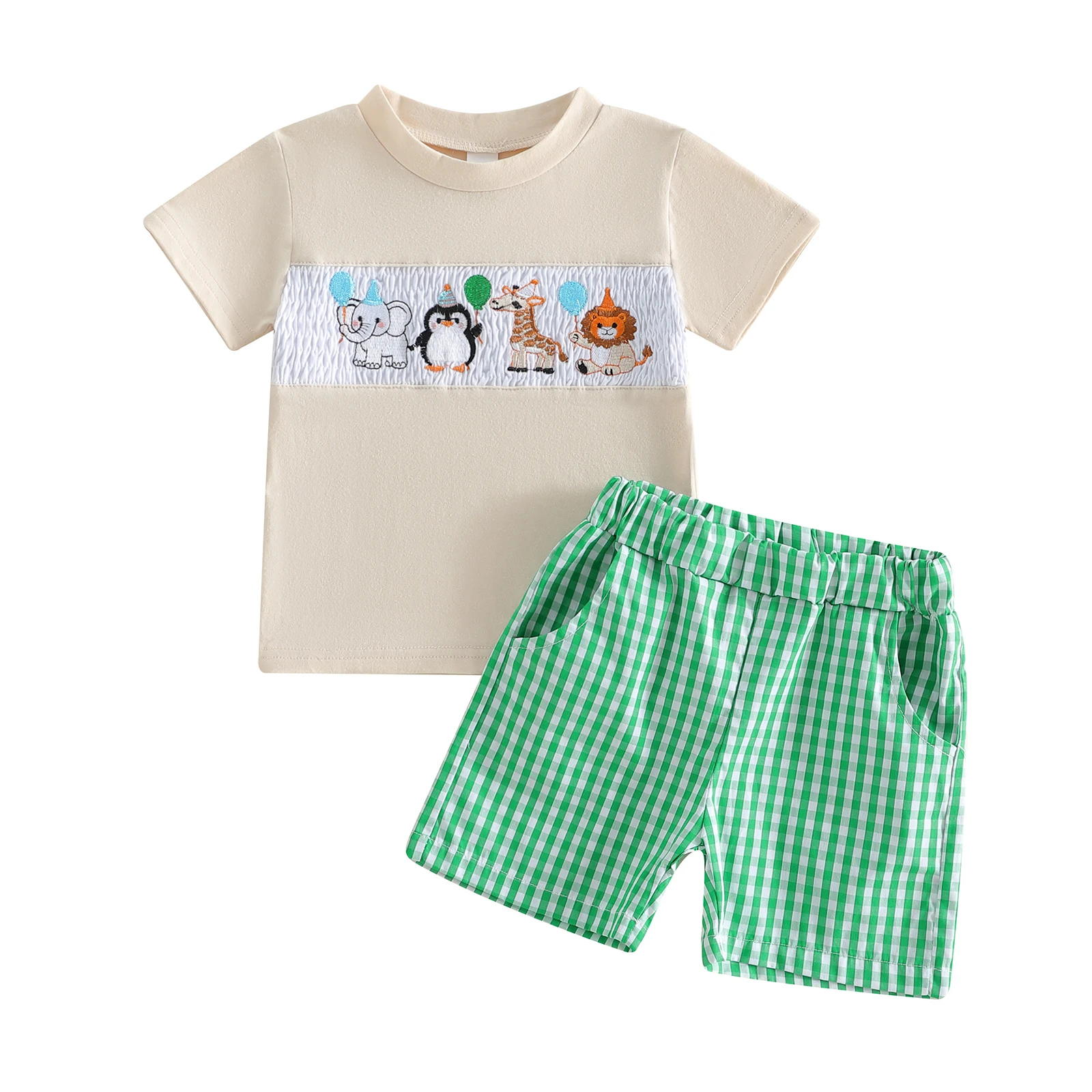 

Cute Toddler Boy Summer Outfit with Dinosaur Embroidery Short Sleeve T Shirt and Plaid Elastic Waist Shorts - 2 Piece Set for