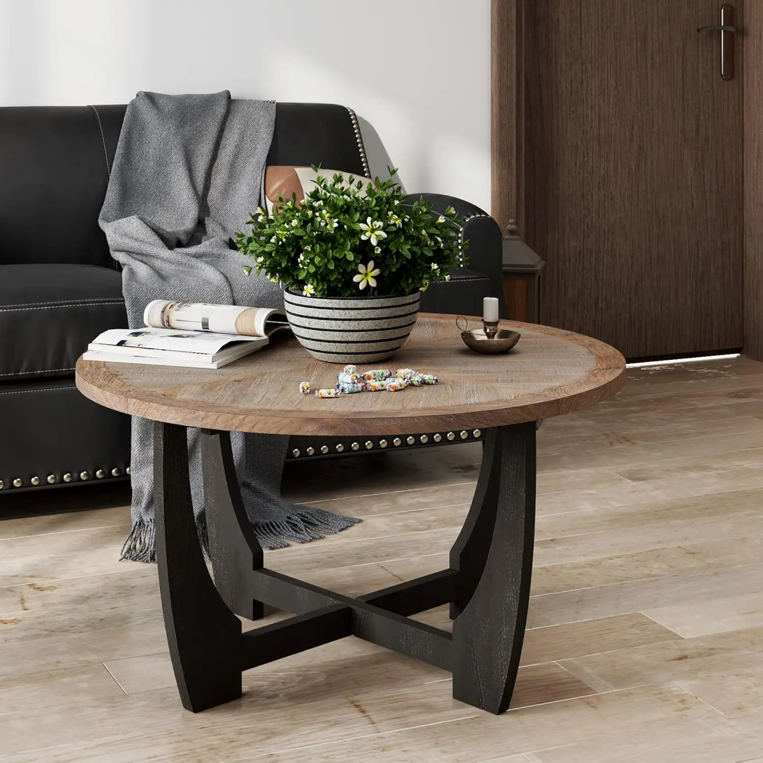 Mesa de centro de granja con base entrecruzada, mesa decorativa de país francés para familia, comedor o sala de estar, moderna, redonda