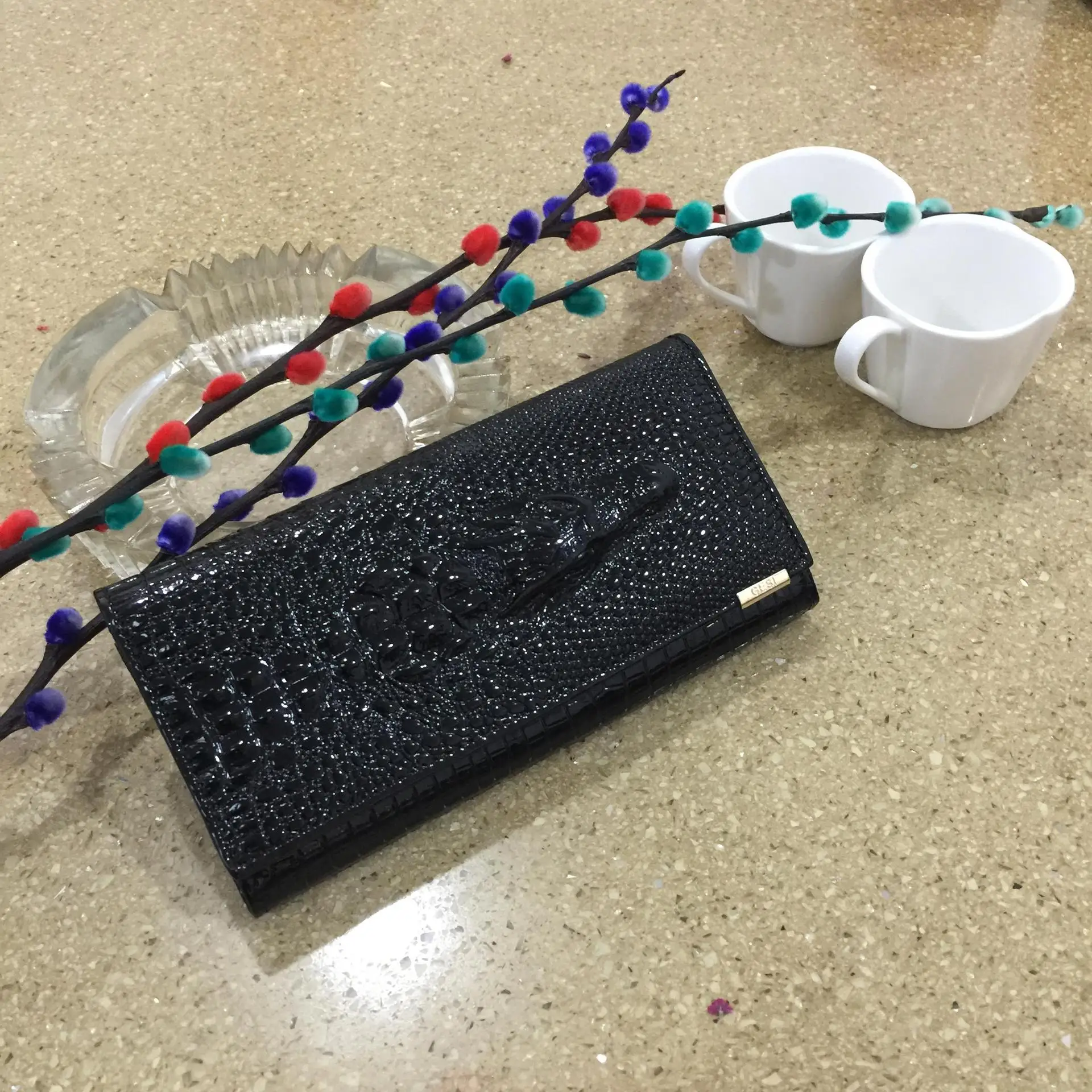 جديد طويل المرأة المحفظة نمط التمساح حقيبة يد جلدية حقيقية المحفظة كليب