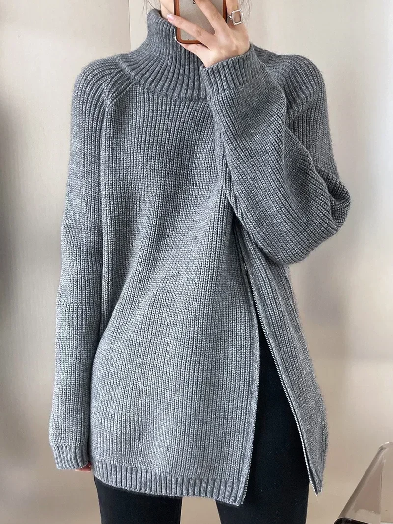 Autumn Winter Women's Zipper Oversize Korean Women Sweaters Knitwears Loose Thick Warm High Neck Solid Pullovers Women Y2k