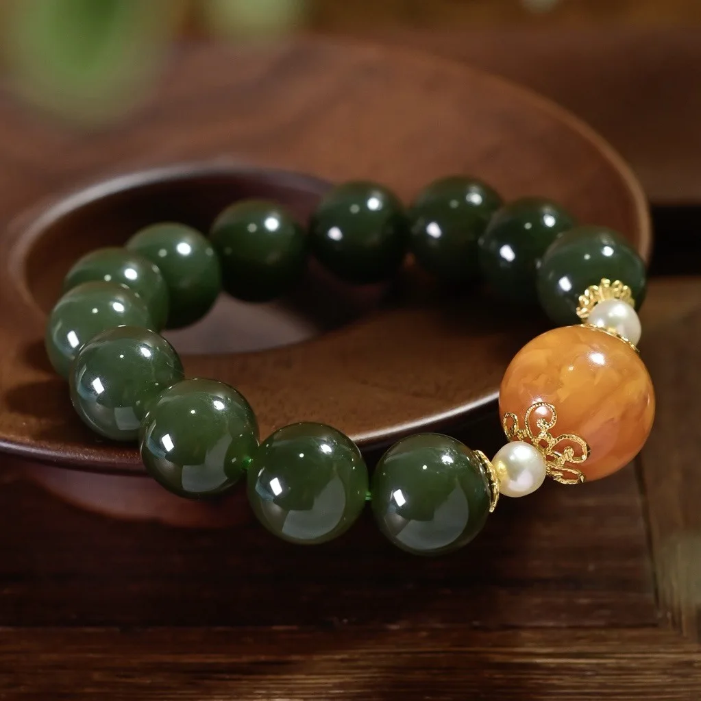 Natural Hetian Jade Bracelet, Honey Amber Freshwater Pearl S925 Silver Gold Plated, Multi-Gemstone Chinese Style Jewelry Gift