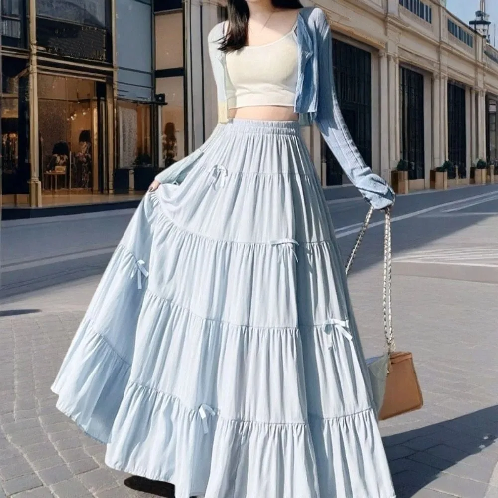 

Bowknot Tiered Midi Skirt Hight Waist Solid Color Long Cake A-line Skirts Korea Style Pleated Seven Point Long Dress Korea Style