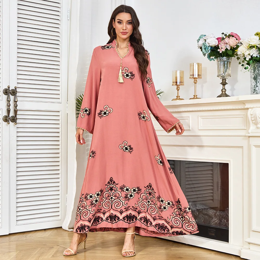 Medio Oriente Moda Donna Musulmana Rosa Stampato Casual Alla Moda Manica Lunga Alla Caviglia Con Scollo A V Ricamato Abaya Abiti Femminili