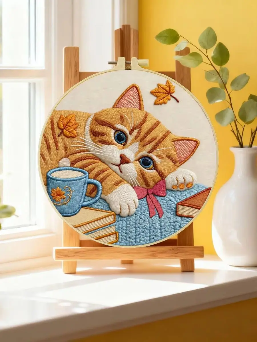 1 Stück 20X20CM/15X15CM 7,87/6,3 Zoll Das niedliche orangefarbene Katzen-Stickerei-Starter-Kit DIY-Kit DIY-Stickerei-Set Handarbeiten Heimdekoration – Detail 6