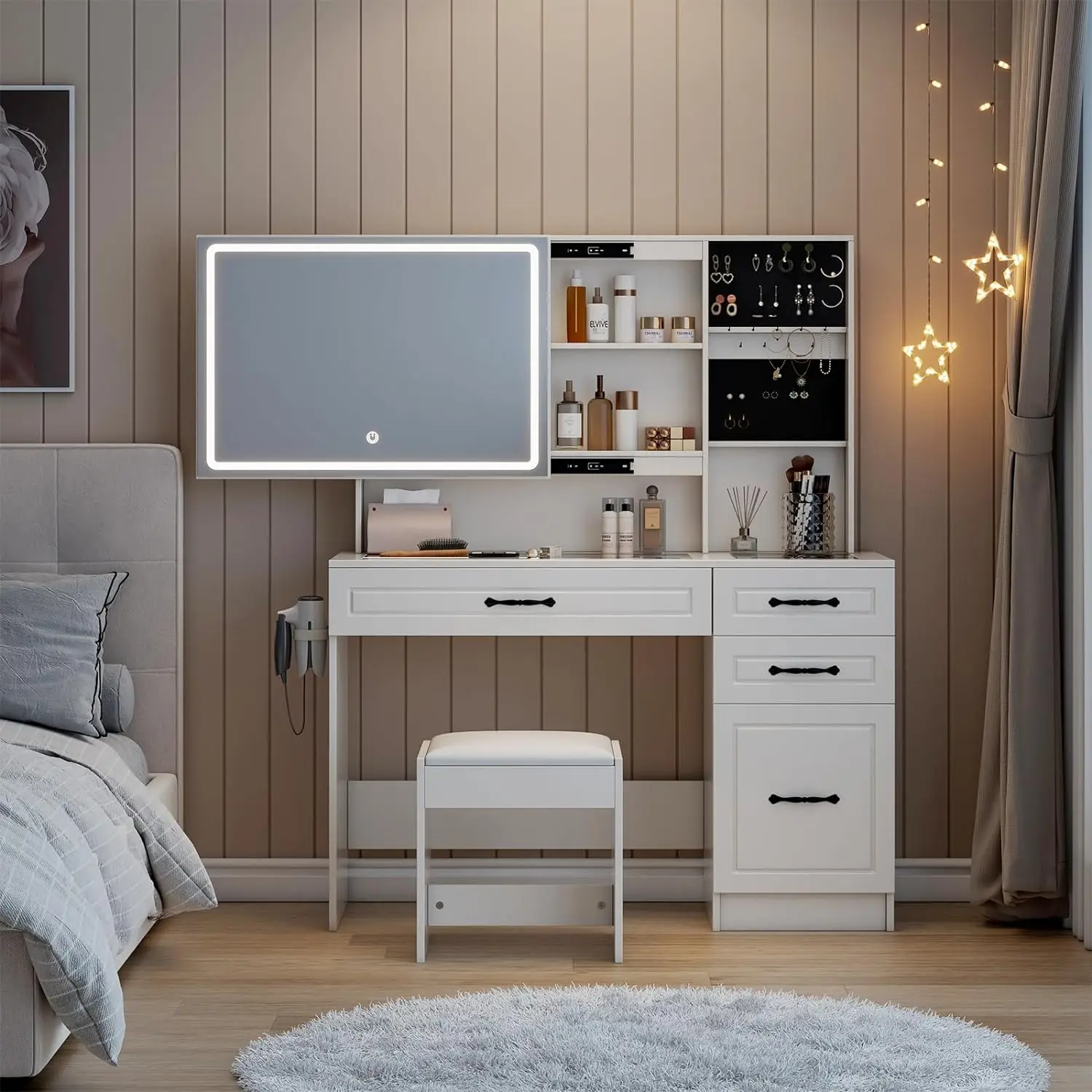 Makeup Vanity Table Set with Sliding & LED Lighted Mirror, Large Vanity with Charging Station, Visible Glass Desk,3 Lights Modes