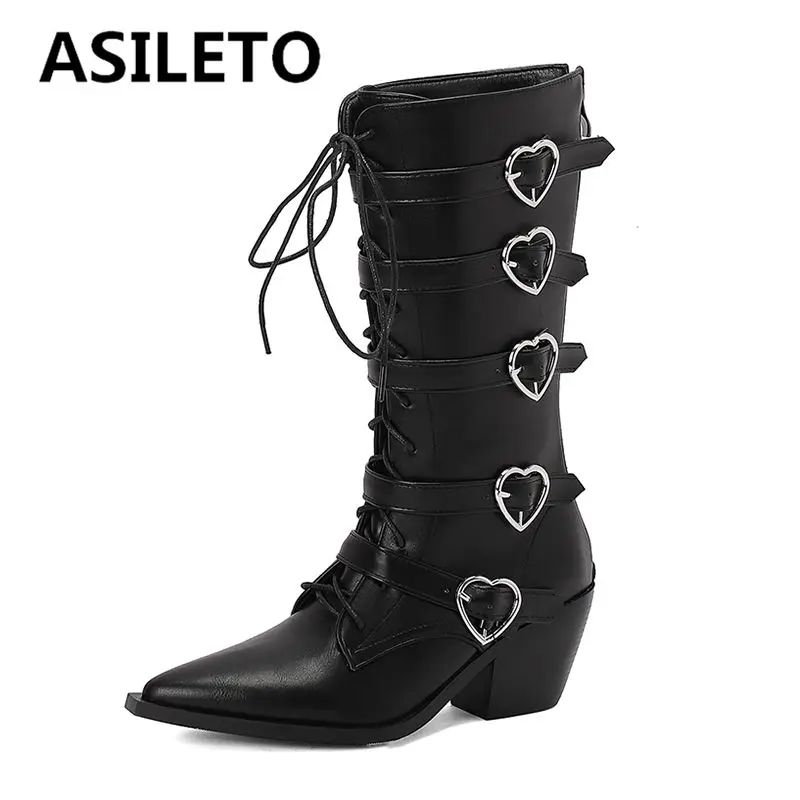 ASILETO Fashion Women Boots Pointed Toe Block Heels 6.5cm Zipper Lace Up Belt Buckle 44 45 46 Show Bota