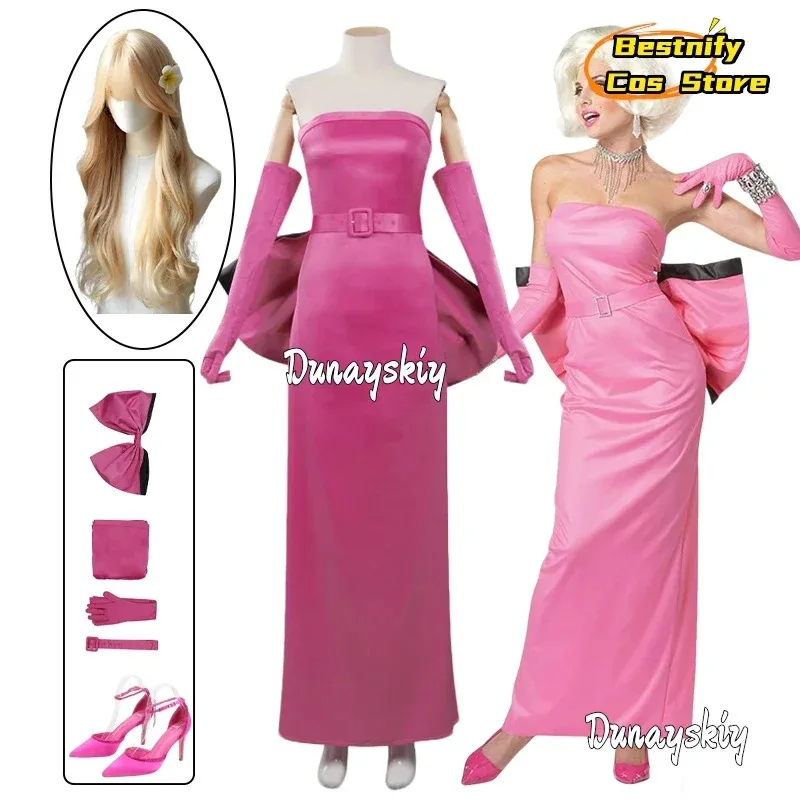 CosplayMonroe Cosplay Fantasia Costume Blonde Norma cos Jeane Pink Bandeau Evening Dress Role-play Disguise Women's Long D om[8