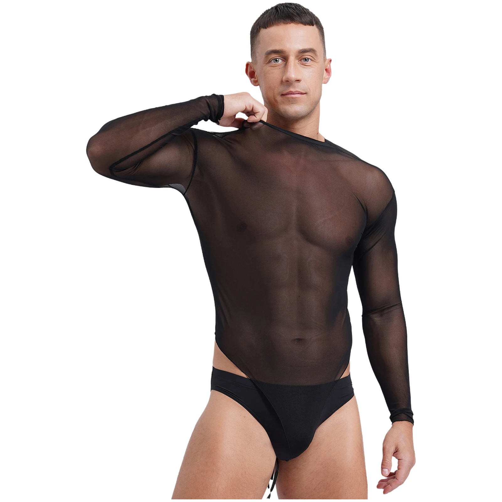 Mens Lingerie High Cut Bodybuilding Clubwear Lace-up Crotch See Through Long Sleeve Bodysuit Crew Neck Bodystocking Underwear