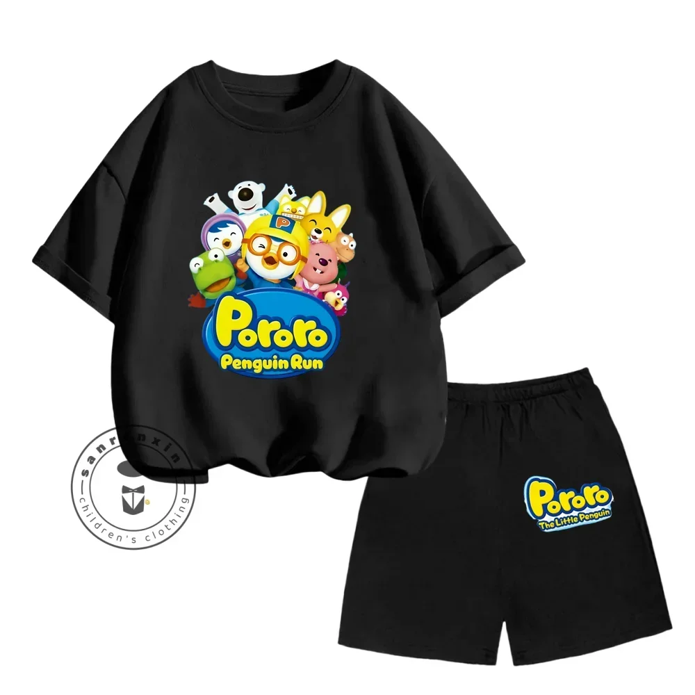 2024Summer Hot Pororo Korean Cute Cartoon Print Design O-neck KawaiiT T-shirt + Loose Breathable Shorts Kids Casual Cute Set