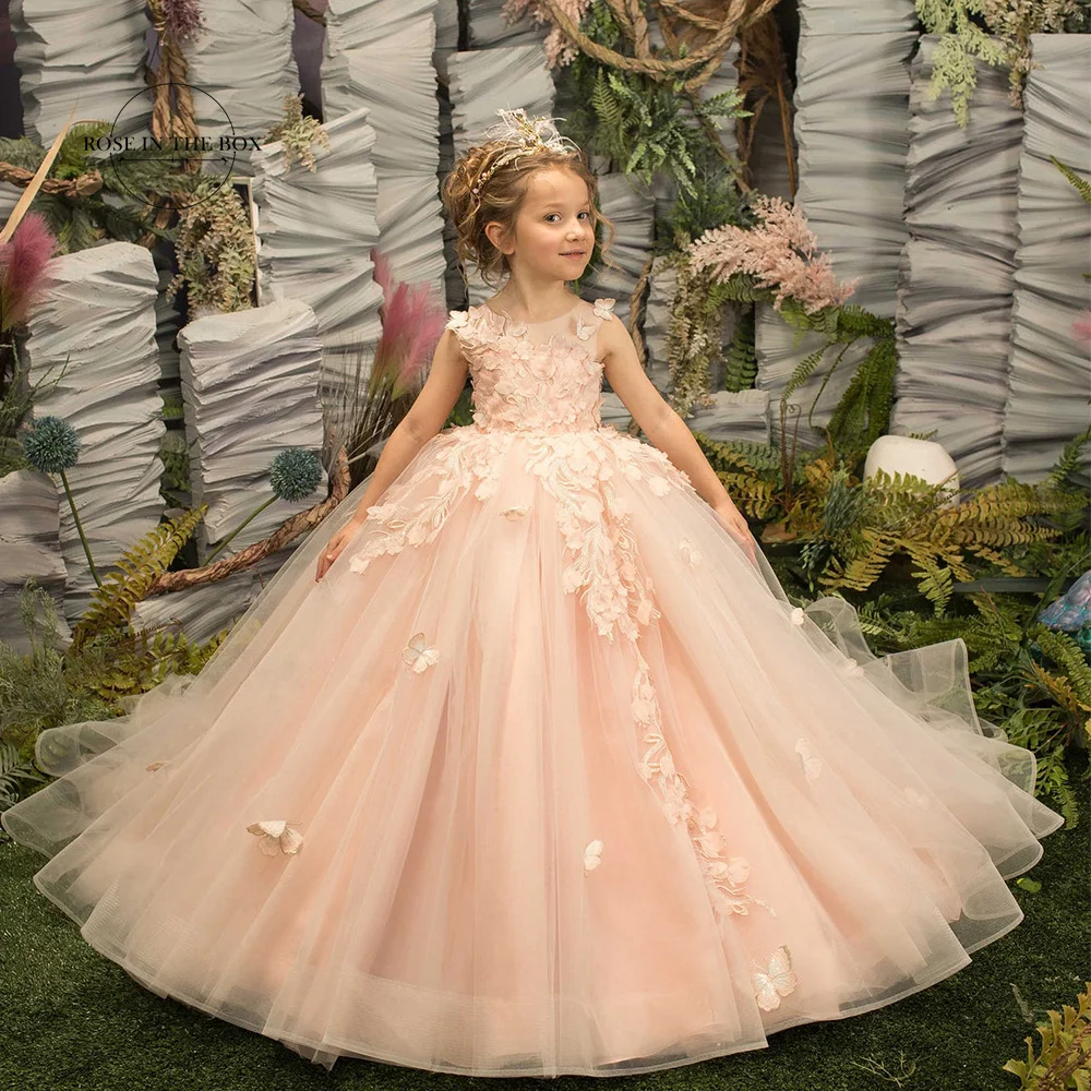 Vestidos de encaje rosa perla para niña, vestidos florales de tul para bodas, vestido de baile de dama de honor Junior, vestido de primera comunión,