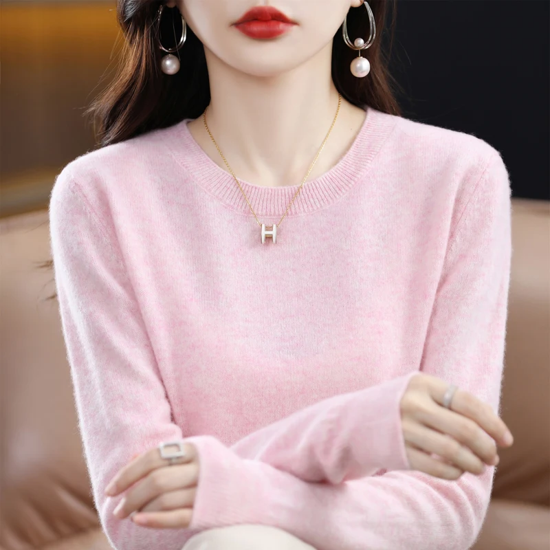 Autumn and winter new 100% merino sweater O-neck knitted ladies high-end solid color long-sleeved warm cashmere sweater top.