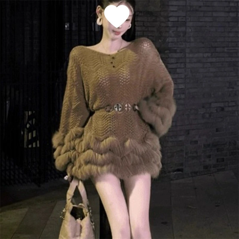 

Knitted Wrap Waist Sweater Dress For Women Autumn Winter Patchwork Furry Long Sleeve Cozy Office Commute Outfit For Christmas