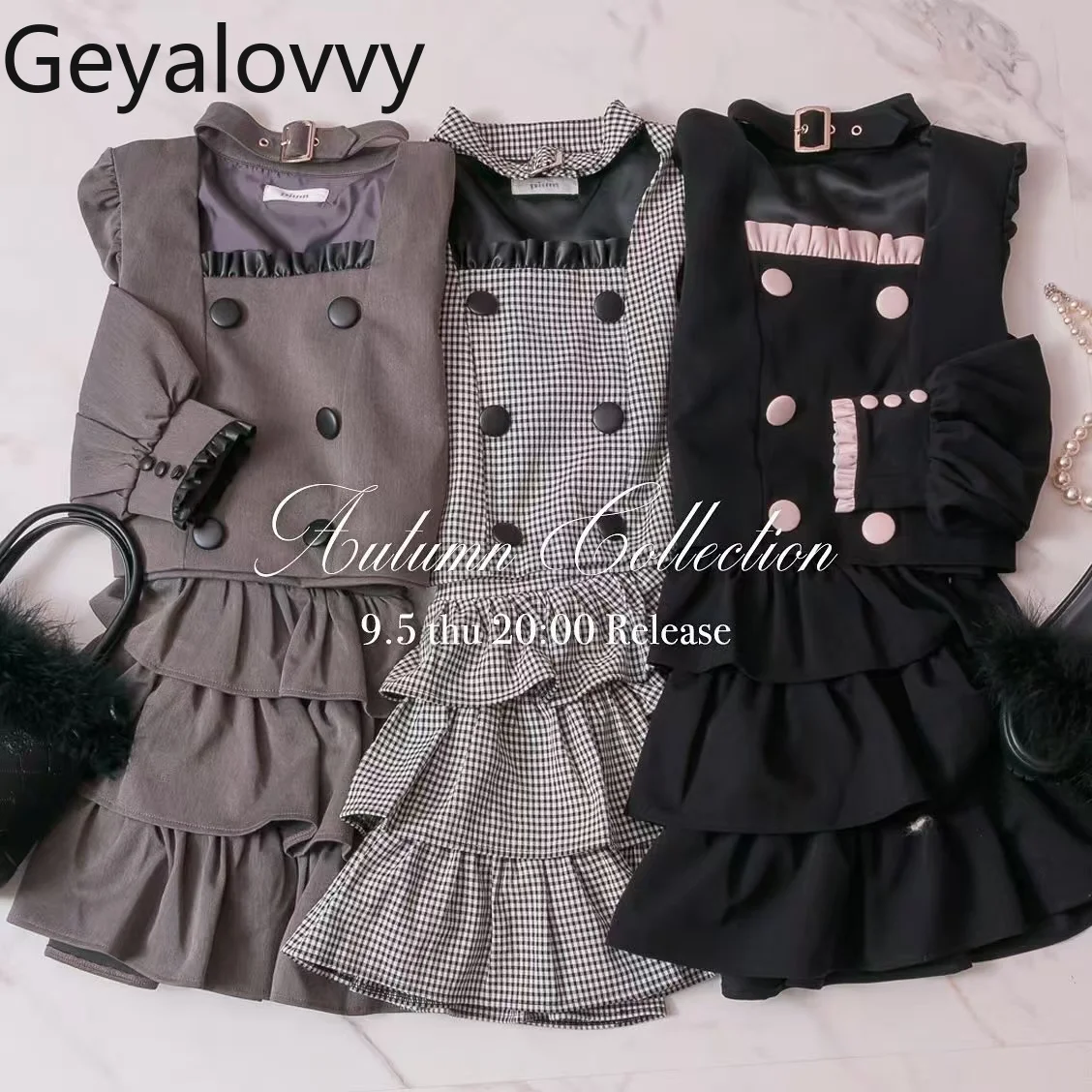 Japanese Sweet Cute Girls Double-Breasted Long-Sleeve Top and High-Waisted Mini Skirts Puffy Cake Short Skirt Two-Piece Set