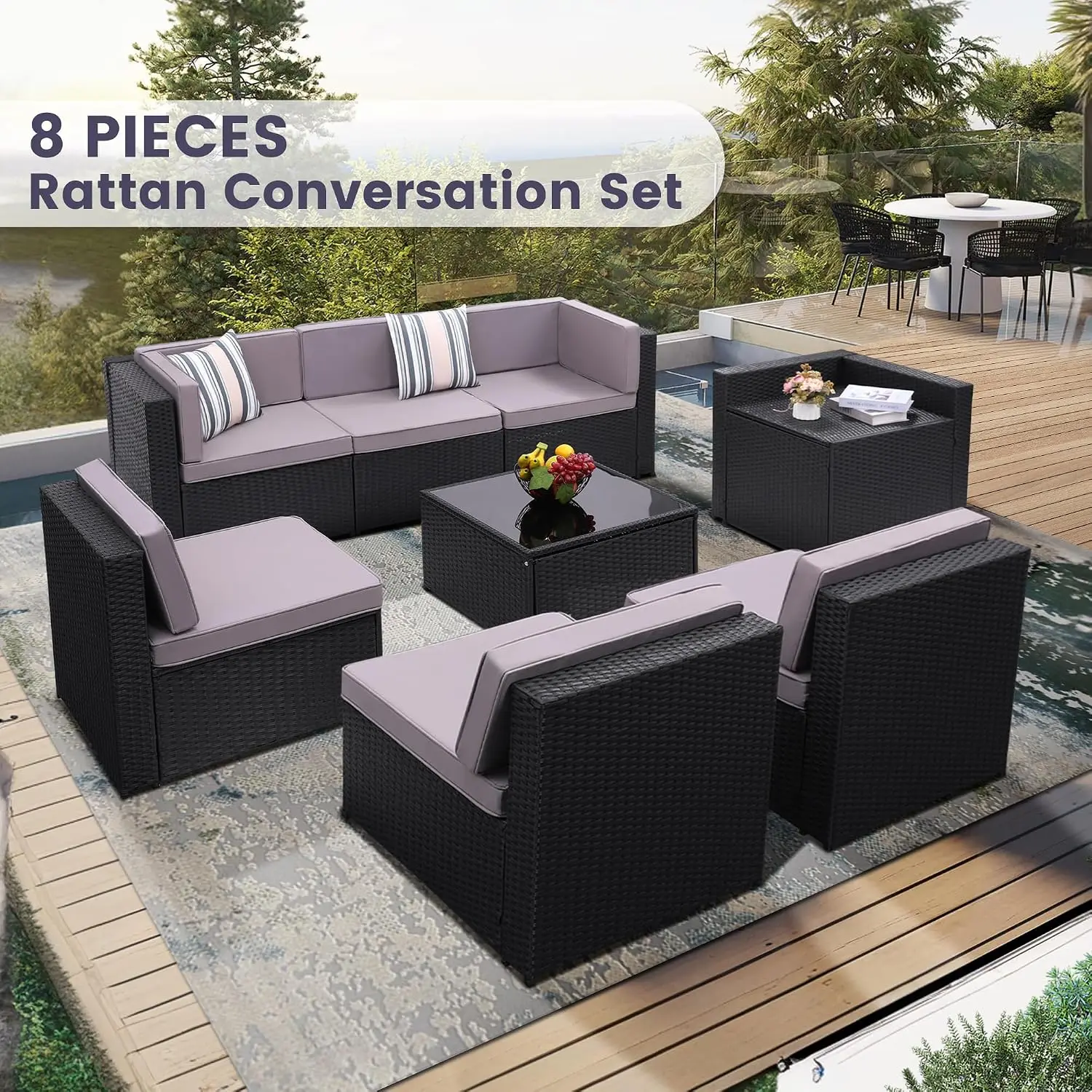 Modular Outdoor Patio Furniture Set, 8-Piece Conversation Sectional, Weather-Resistant Garden Sofa, Customized