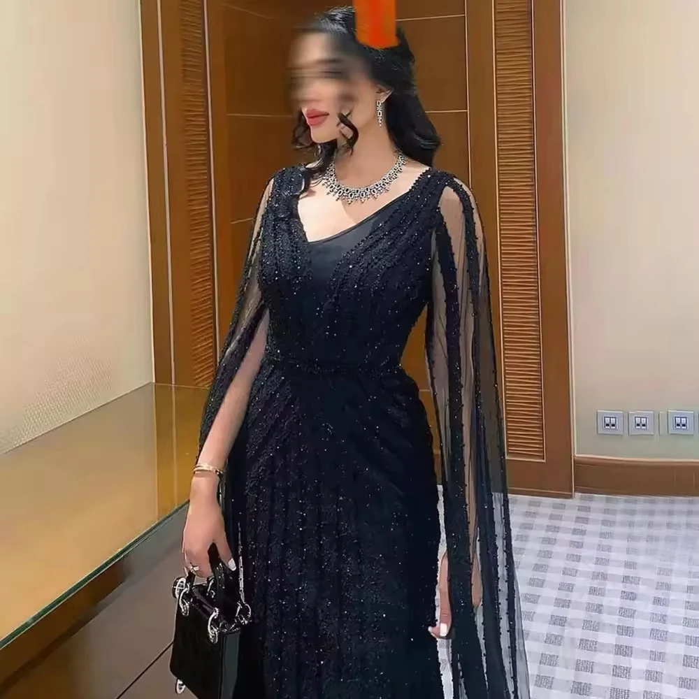 Simin Black Arabic Cape Sleeves Luxury Beads Evening Long Dresses Serene Tulle Mermaid V-Neck Formal Party Gowns For Women