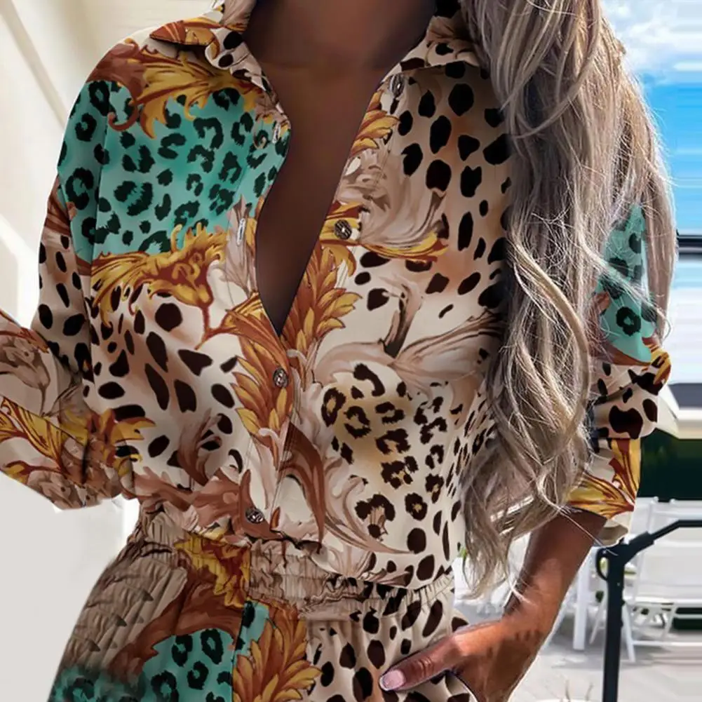 Fashion Leopard Print Women Two Piece Sets 2021 Autumn Turn-Down Collar Tops + Summer Shorts Suit Casual Button Shirts Outfits